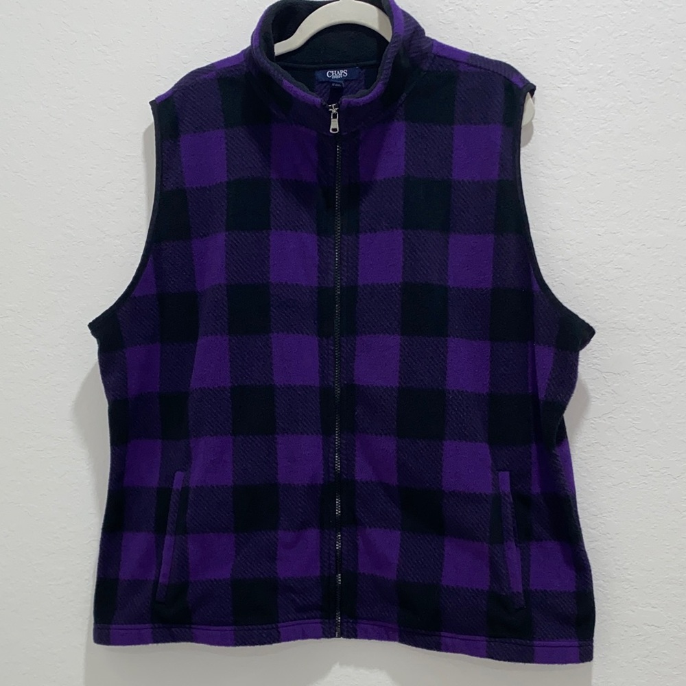 Chaps Full Zipper Black & Royal Purple Large Checked Fleece Vest-Size 3X